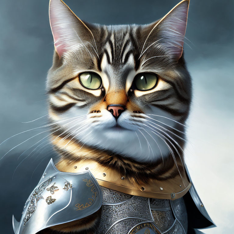 Anthropomorphic cat in silver armor with green eyes