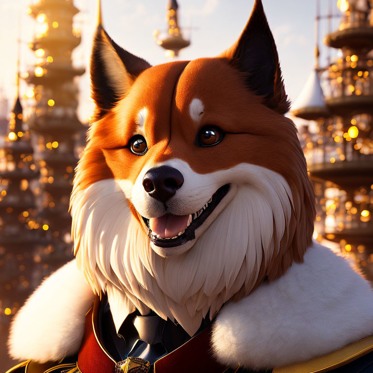 Smiling anthropomorphic corgi in black jacket with ornate cityscape portrait