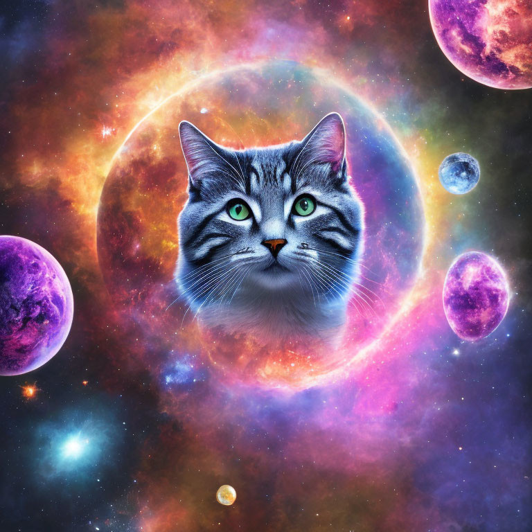 Surreal cat face on vibrant cosmic background