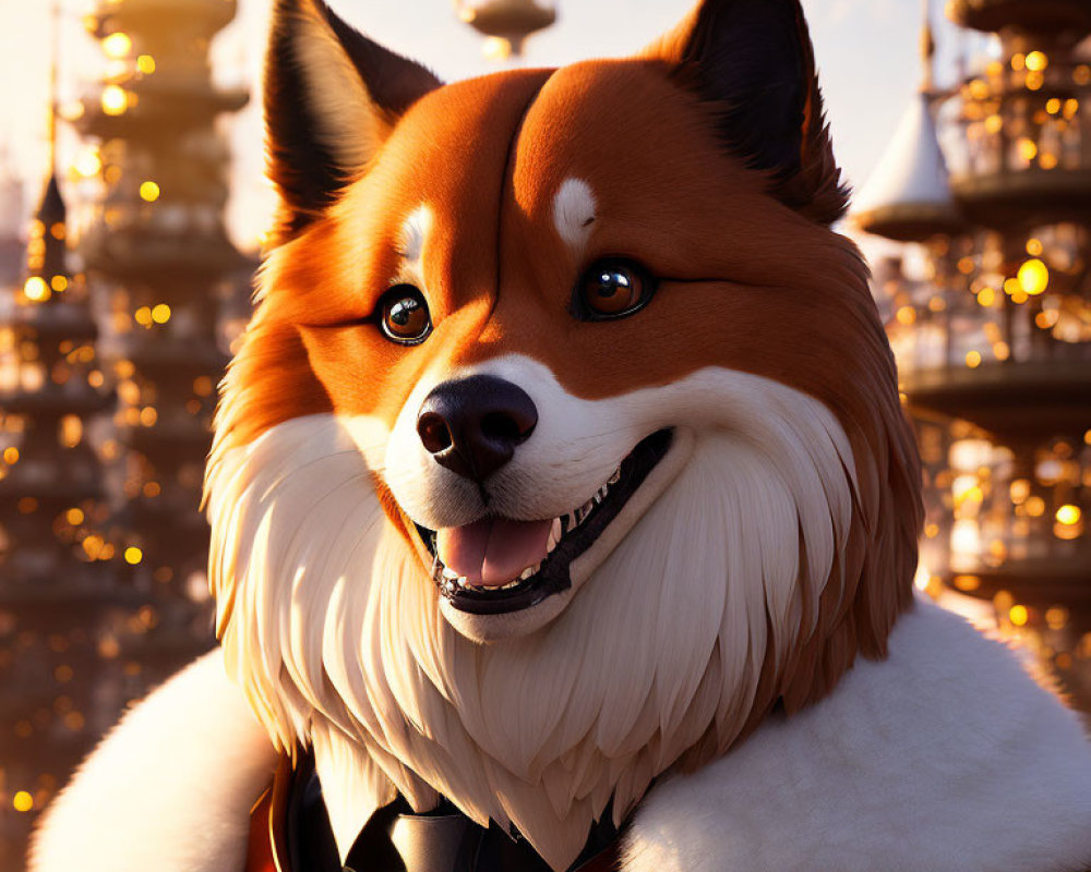 Smiling anthropomorphic corgi in black jacket with ornate cityscape portrait