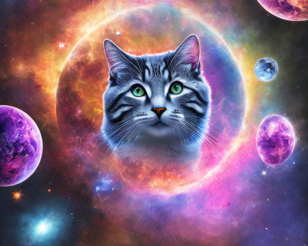 Surreal cat face on vibrant cosmic background