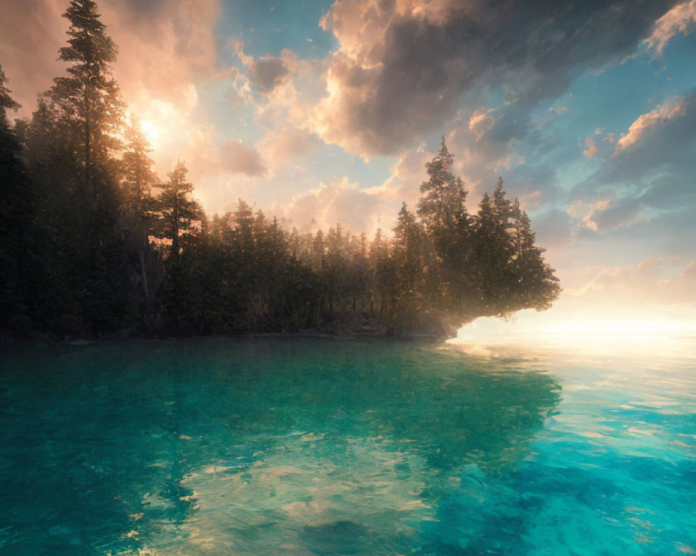 Tranquil Lakeside Scene with Dense Trees and Dramatic Sky