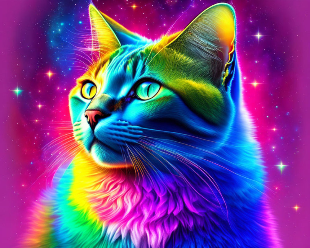 Colorful Rainbow Cat on Neon Starry Background with Green Eyes