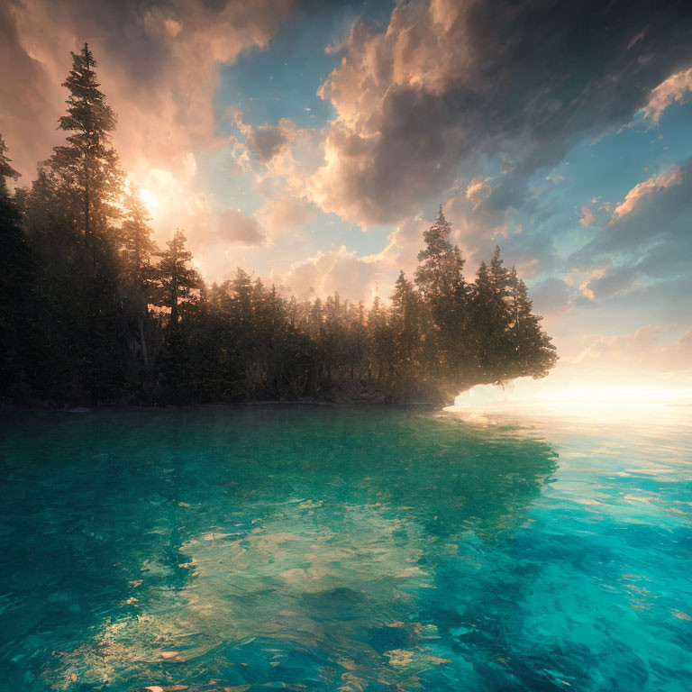 Tranquil Lakeside Scene with Dense Trees and Dramatic Sky