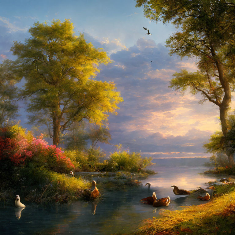 Tranquil landscape with ducks in river, lush trees, colorful flora, and sunrise sky