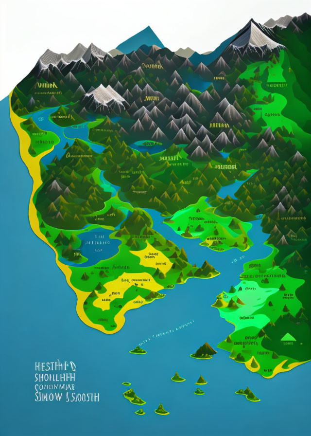 Detailed Fantasy Map with Mountains, Forests, and Settlements in Green and Brown Tones