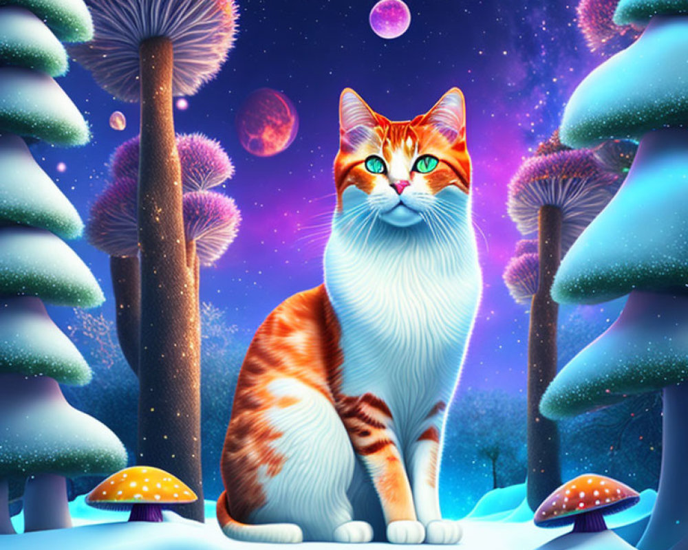 Colorful Cat in Snowy Landscape with Mushrooms and Trees