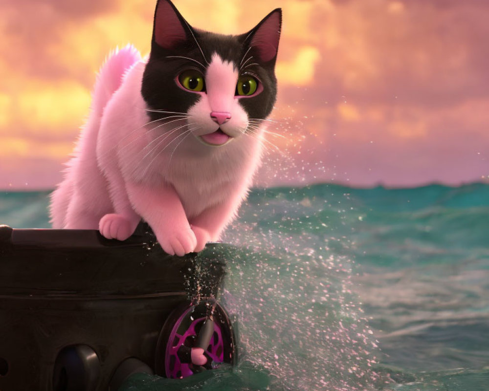 Black and white cat on suitcase at sea with pink collar at sunset