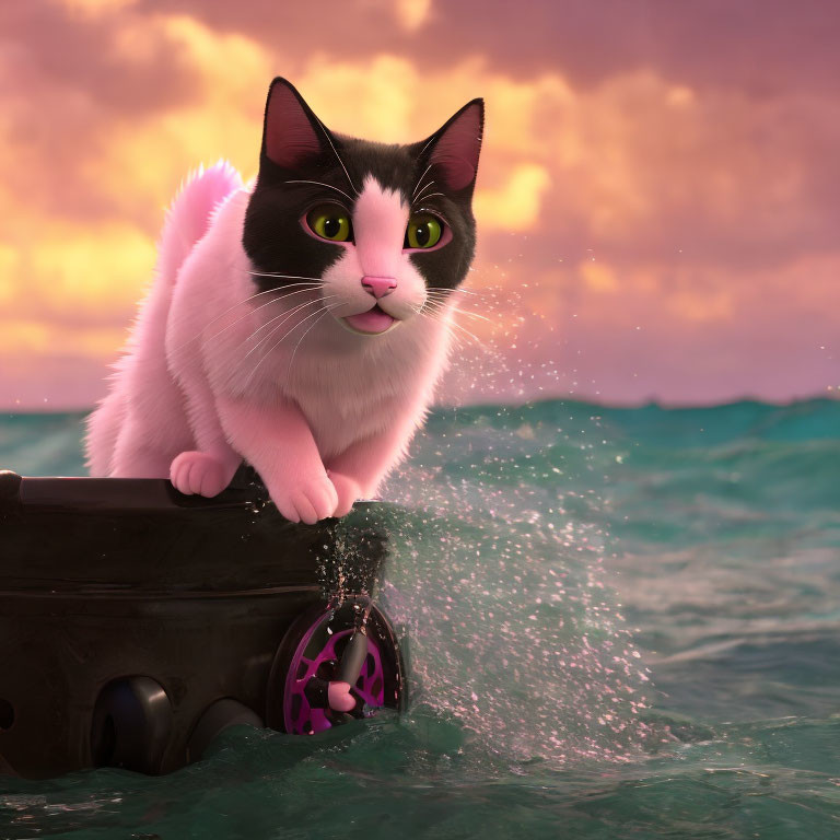 Black and white cat on suitcase at sea with pink collar at sunset