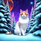 Colorful Cat in Snowy Landscape with Mushrooms and Trees