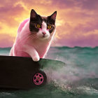 Black and white cat on suitcase at sea with pink collar at sunset