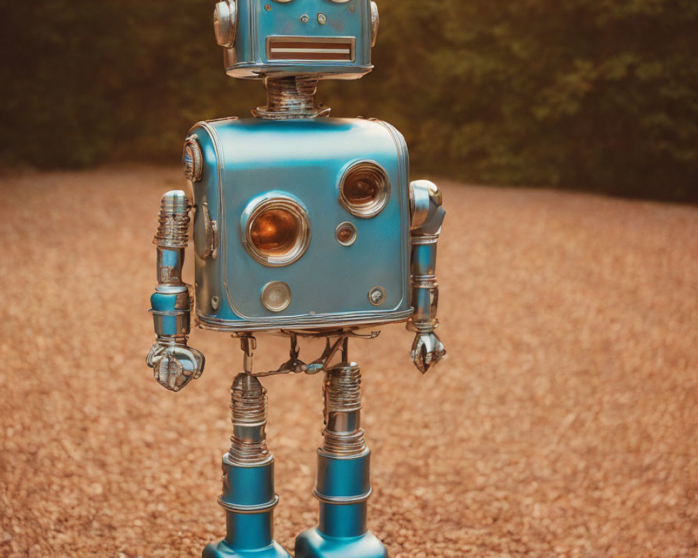 Blue vintage-style robot with square head and circular eyes on gravel surface.