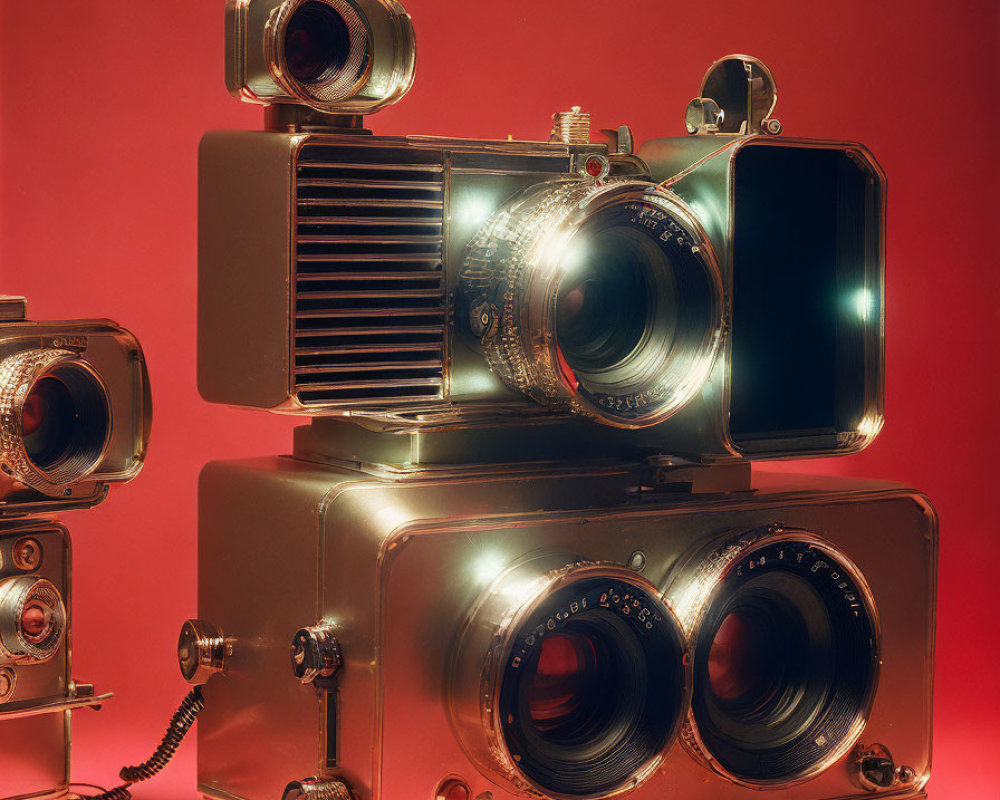Vintage-Style Gold Cameras with Large Lenses and Flash Units on Red Background