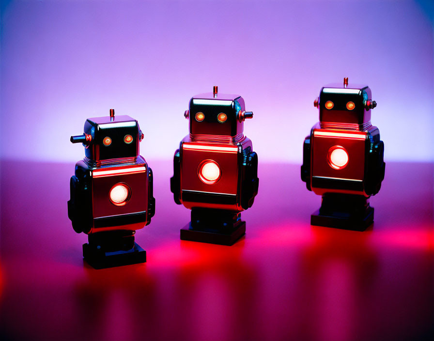 Vintage Toy Robots with Illuminated Eyes on Pink and Purple Background