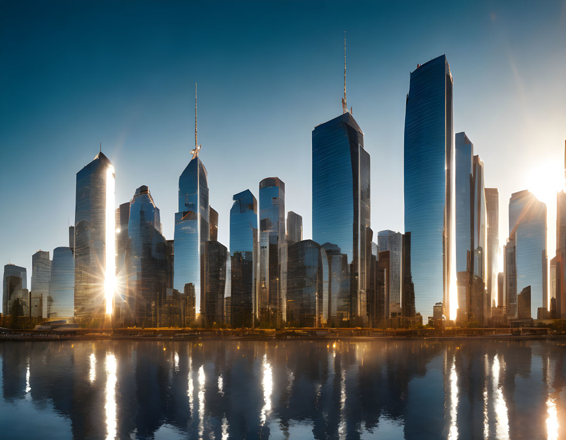 Urban skyline at sunrise with water reflections and clear blue sky.