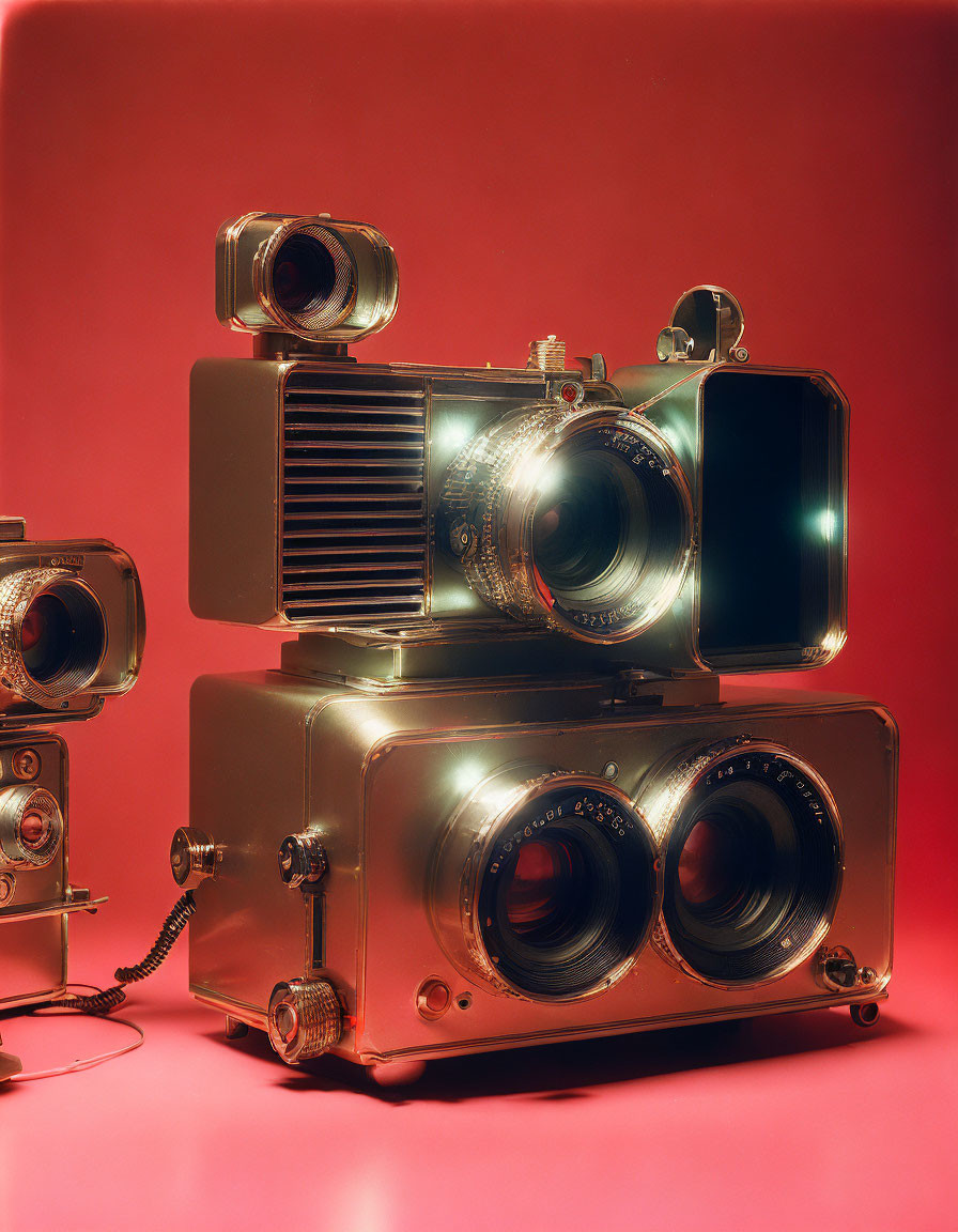 Vintage-Style Gold Cameras with Large Lenses and Flash Units on Red Background