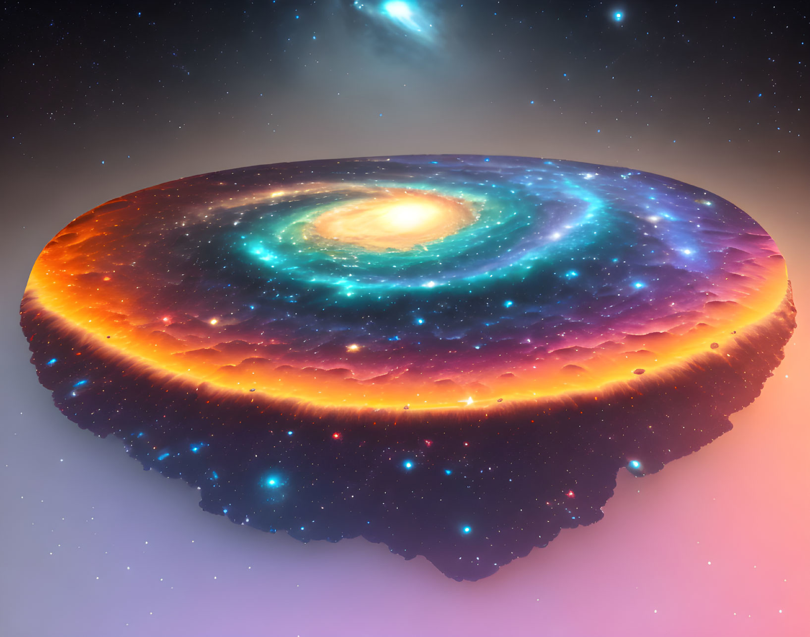 Vibrant disc-shaped galaxy with stars in surreal cosmic setting