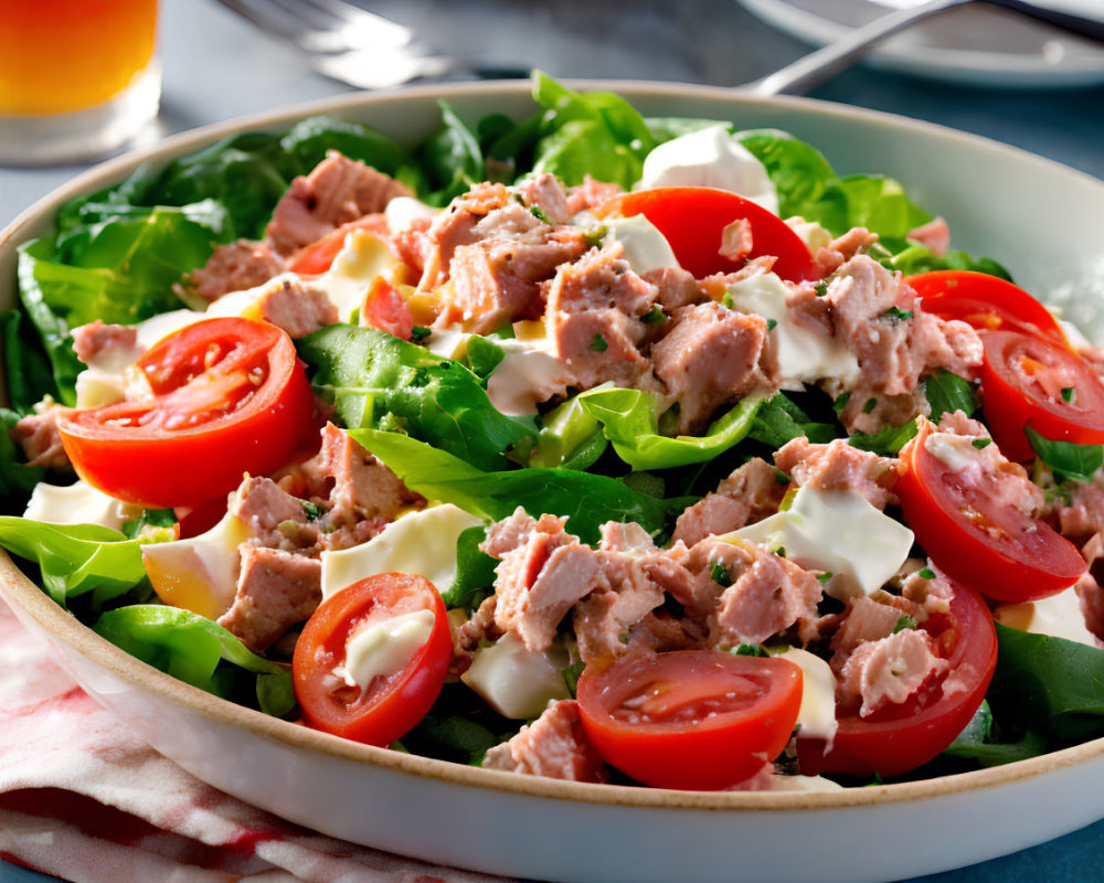 Healthy Tuna Salad with Greens and Egg in White Bowl