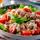 Healthy Tuna Salad with Greens and Egg in White Bowl