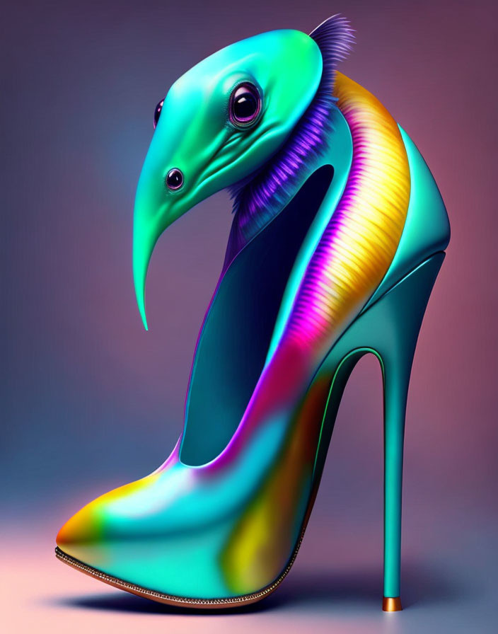 Colorful iridescent high-heeled shoe with bird-like design.