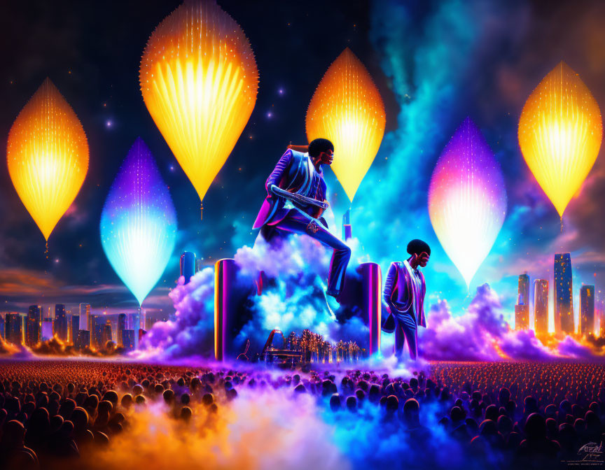 Colorful digital art: giant figures, cityscape, illuminated shapes