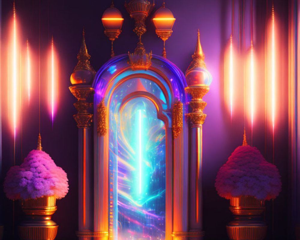 Fantasy-inspired portal with golden edges in a purple room