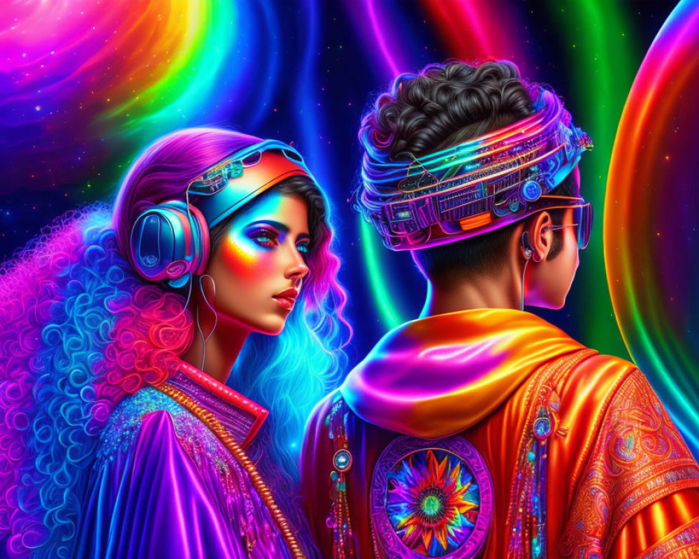 Futuristic man and woman in vibrant digital artwork