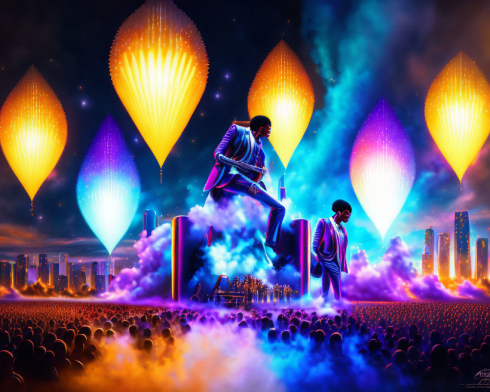 Colorful digital art: giant figures, cityscape, illuminated shapes