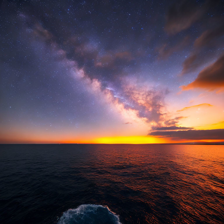 Vivid Orange Sunset Over Ocean with Milky Way in Twilight Sky