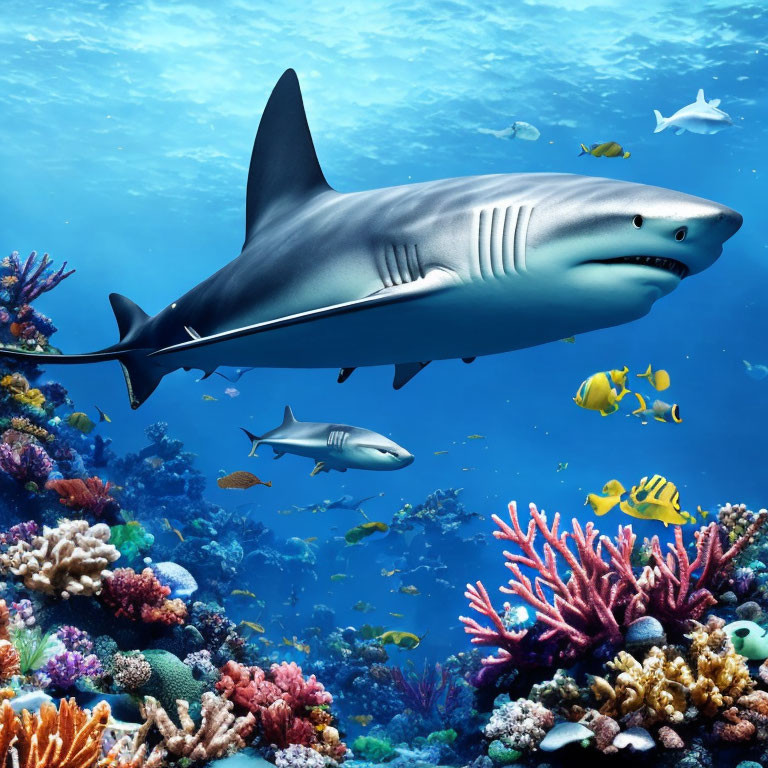 Colorful Coral Reef Teeming with Fish and Shark in Clear Blue Ocean