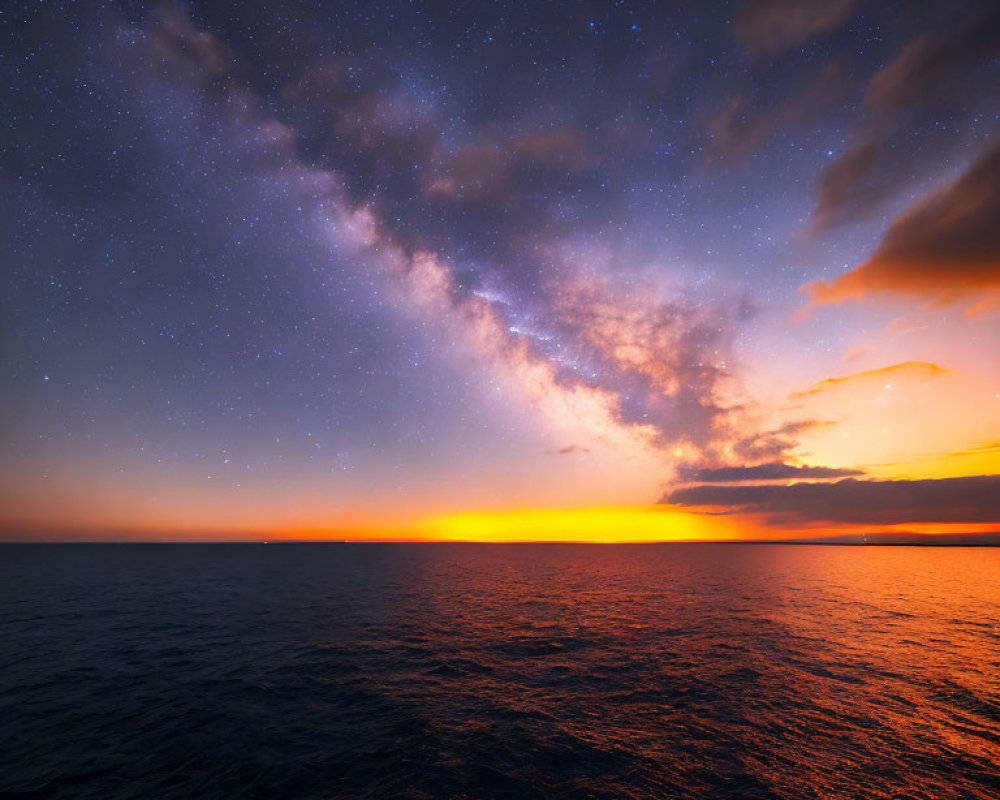 Vivid Orange Sunset Over Ocean with Milky Way in Twilight Sky