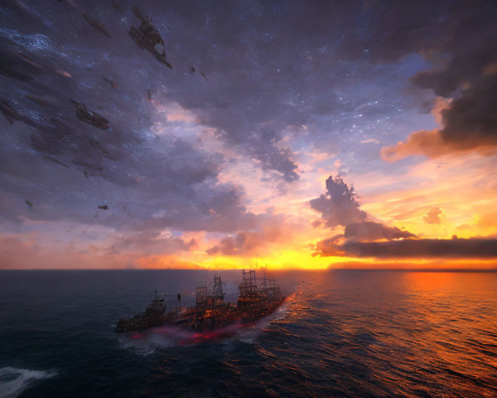 Majestic ocean sunset with sailing ships under sky of floating islands