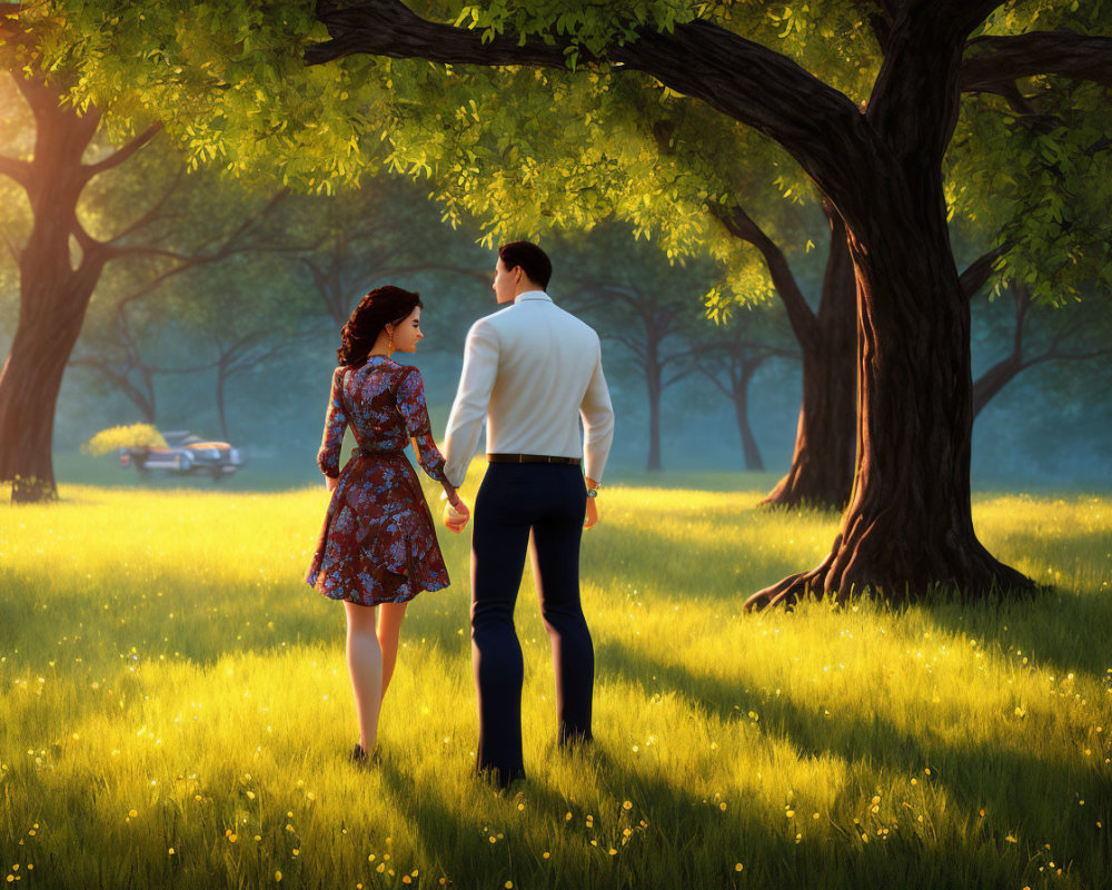 Romantic couple walking in sunlit meadow with flowers and trees