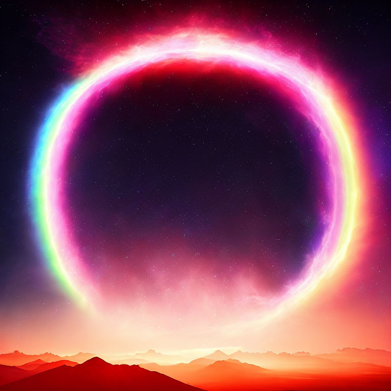 Circular Rainbow Halo Illuminating Night Sky Above Silhouetted Mountains