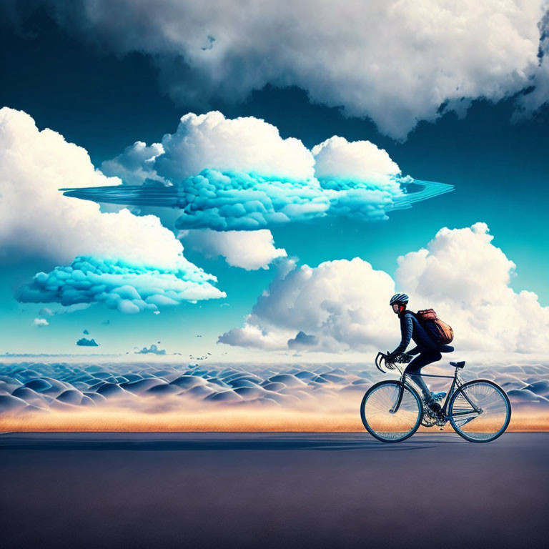 Cyclist on surreal road with ocean wave clouds and plane in sky