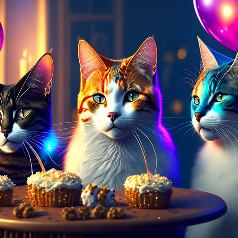 Three animated cats with human-like eyes and cupcakes on a lit candle plate, surrounded by illuminated balloons and