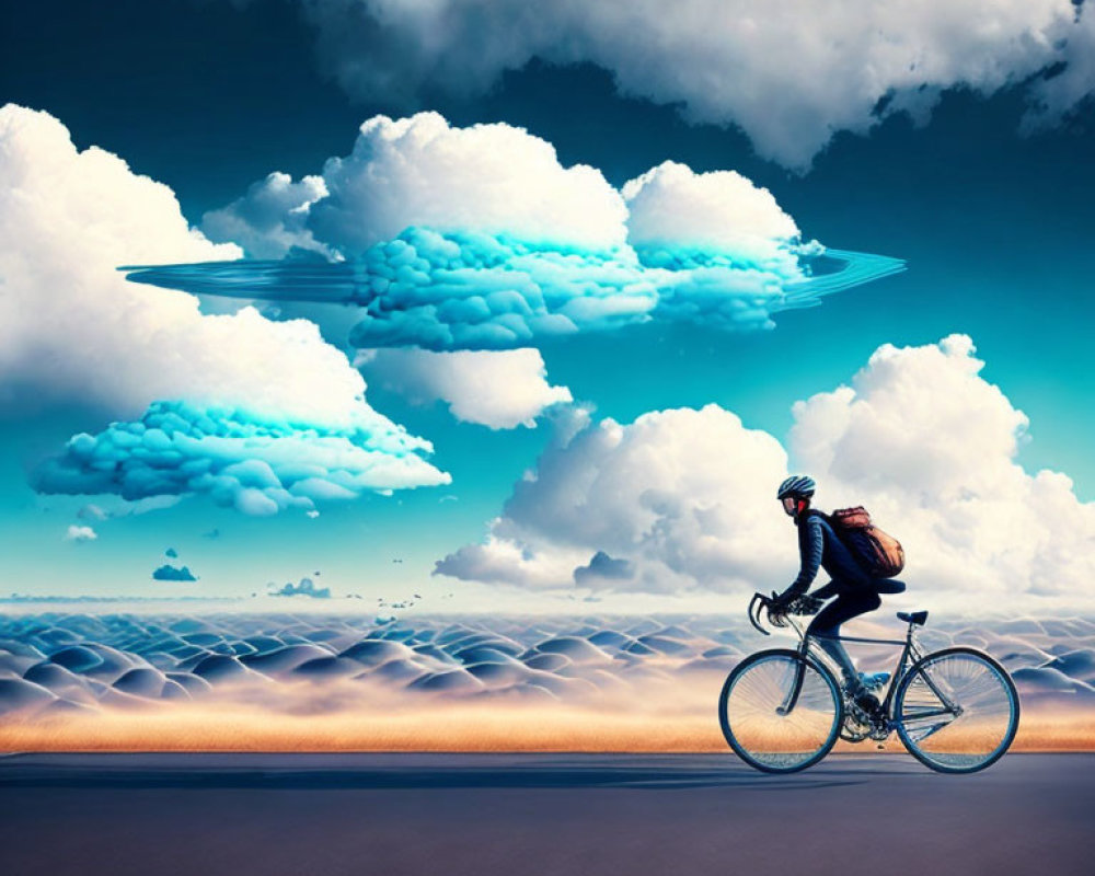 Cyclist on surreal road with ocean wave clouds and plane in sky