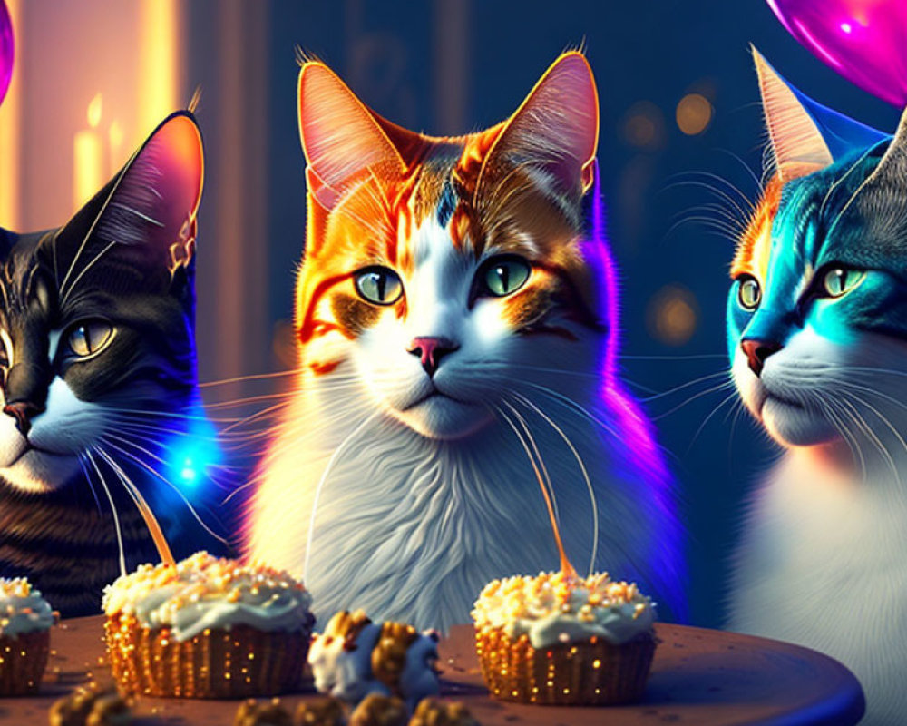 Three animated cats with human-like eyes and cupcakes on a lit candle plate, surrounded by illuminated balloons and