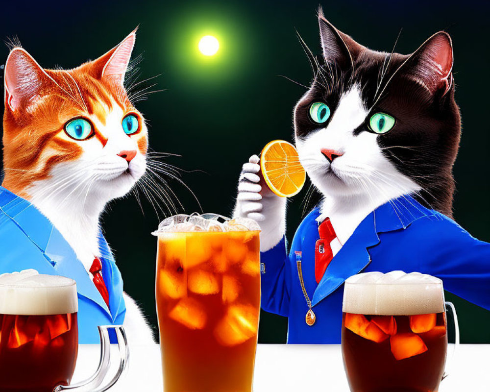 Anthropomorphic cats in suits with drinks on dark background