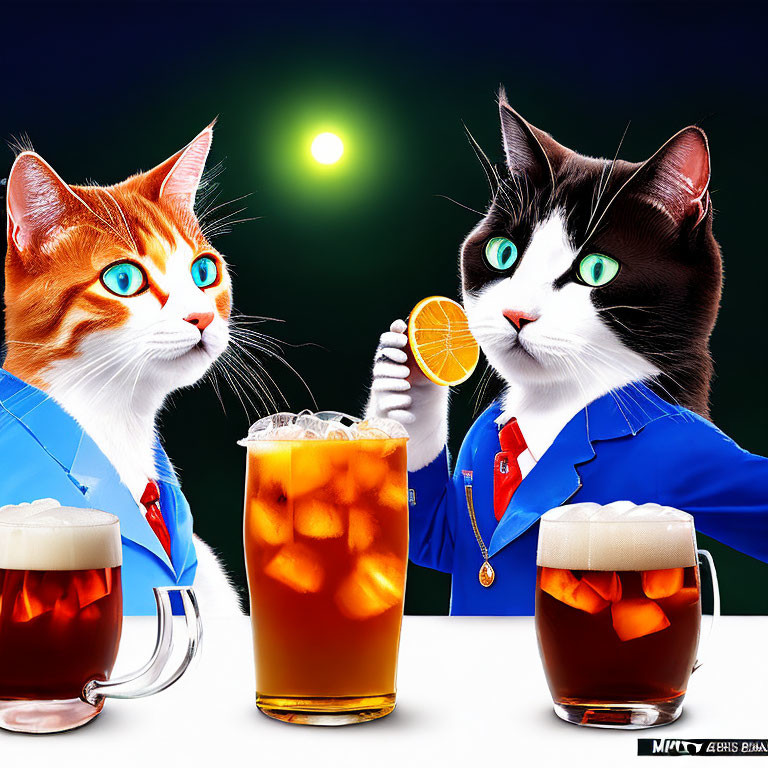 Anthropomorphic cats in suits with drinks on dark background