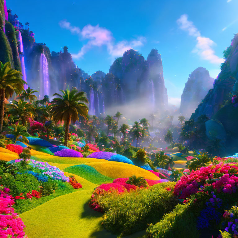 Colorful Fantasy Landscape with Waterfalls and Cliffs