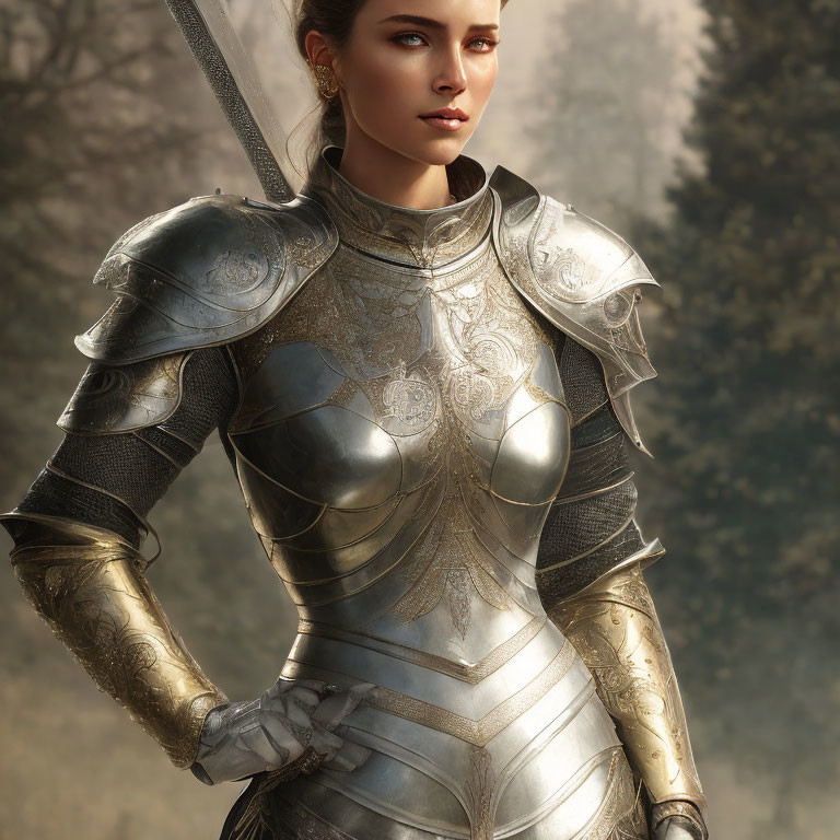 Detailed Silver Armor Woman Wielding Sword in Nature Background