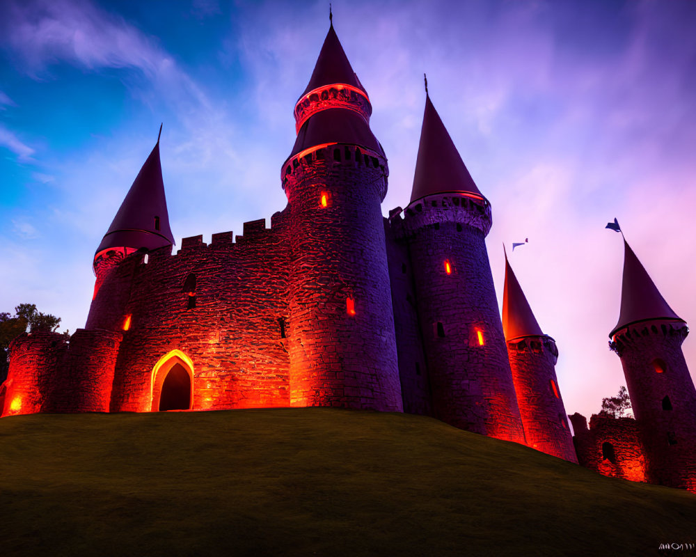 Majestic castle with colorful spires under red-lit twilight sky