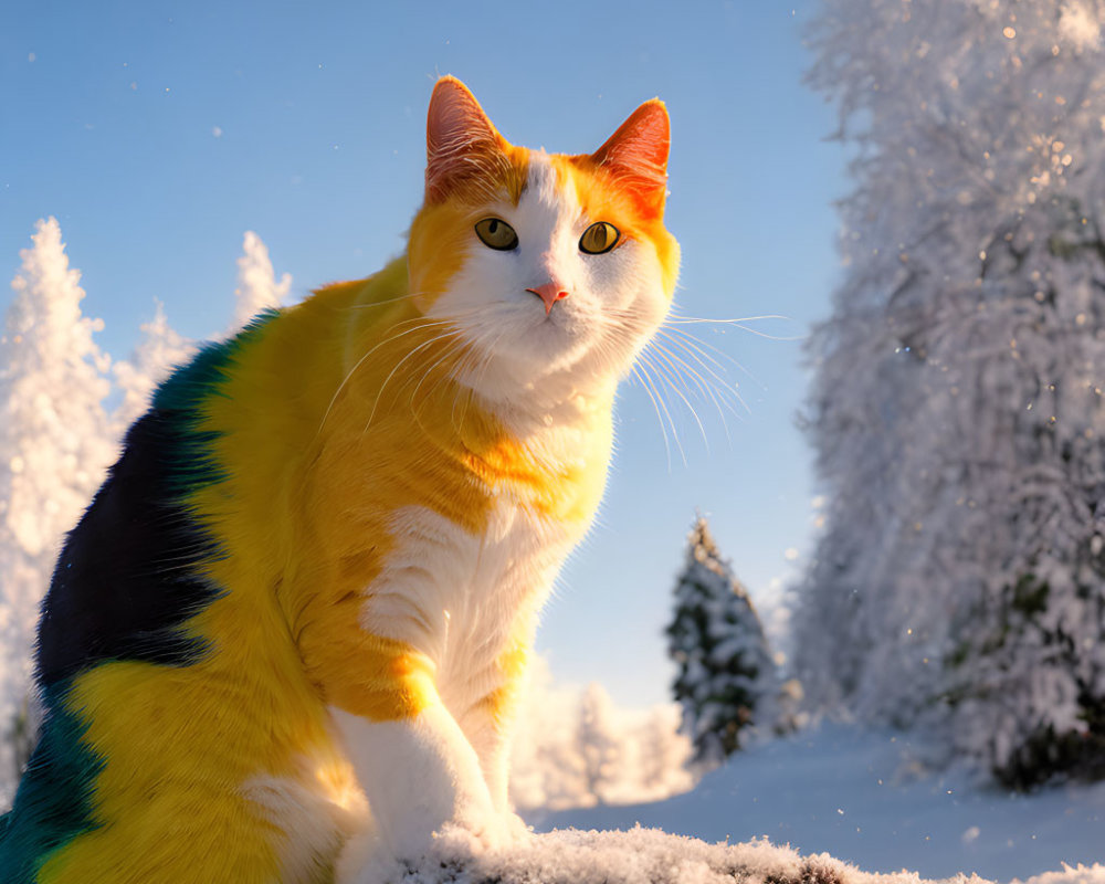 Multicolored cat in snowy landscape with sunlit trees