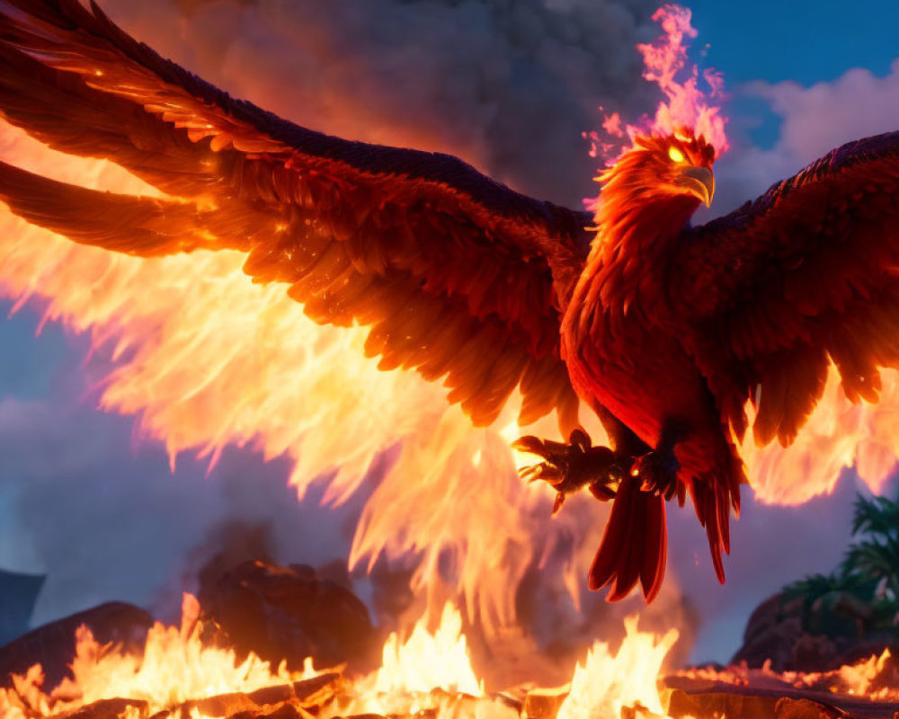 Mythical phoenix perched in flames against a dusk sky