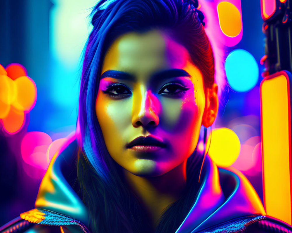 Portrait of woman with neon makeup in cyberpunk aesthetic