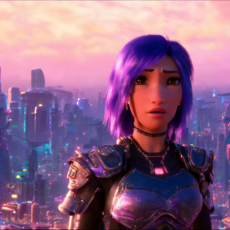 Digital illustration: Woman with blue hair in futuristic armor in neon-lit cityscape at sunset