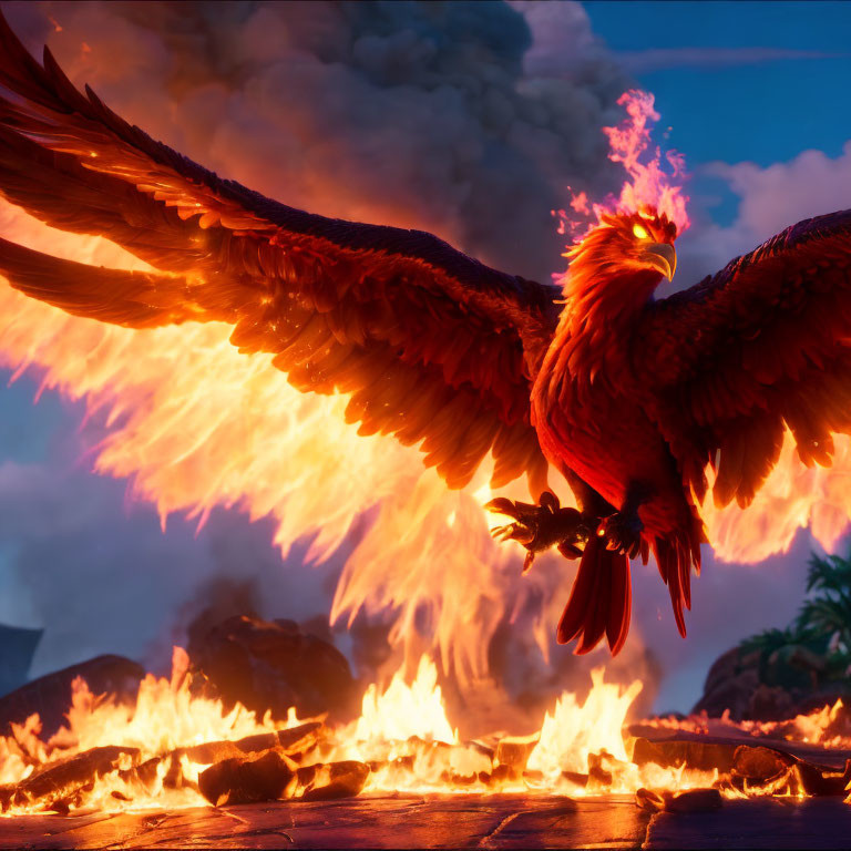 Mythical phoenix perched in flames against a dusk sky