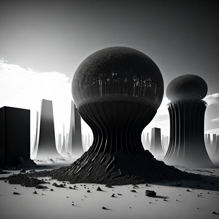 Surreal landscape with large mushroom-like structures and dark monoliths