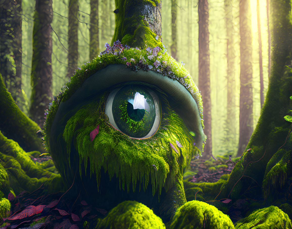 Vivid green eye in mossy forest with purple flowers and sunbeams